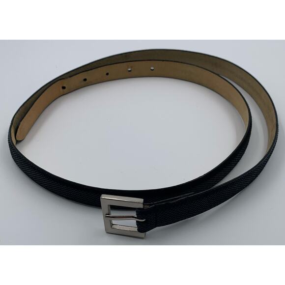 Women Black Skinny Leather Belt XL 42" Men Square Silver Buckle Scales Design - Picture 7 of 7